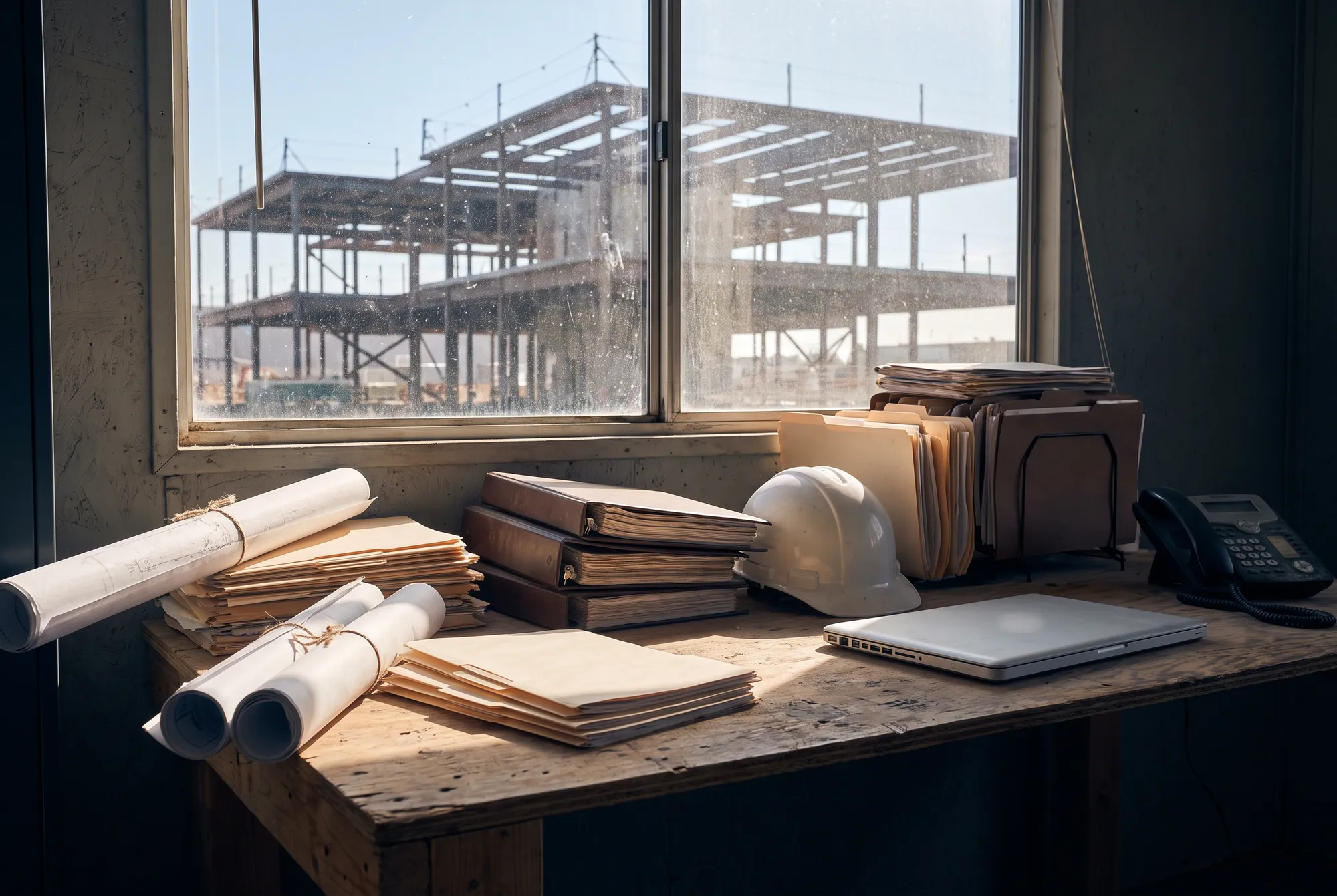 A site office desk covered in rolled drawings, stacked folders, a hard hat and a phone, with a steel frame outside the window